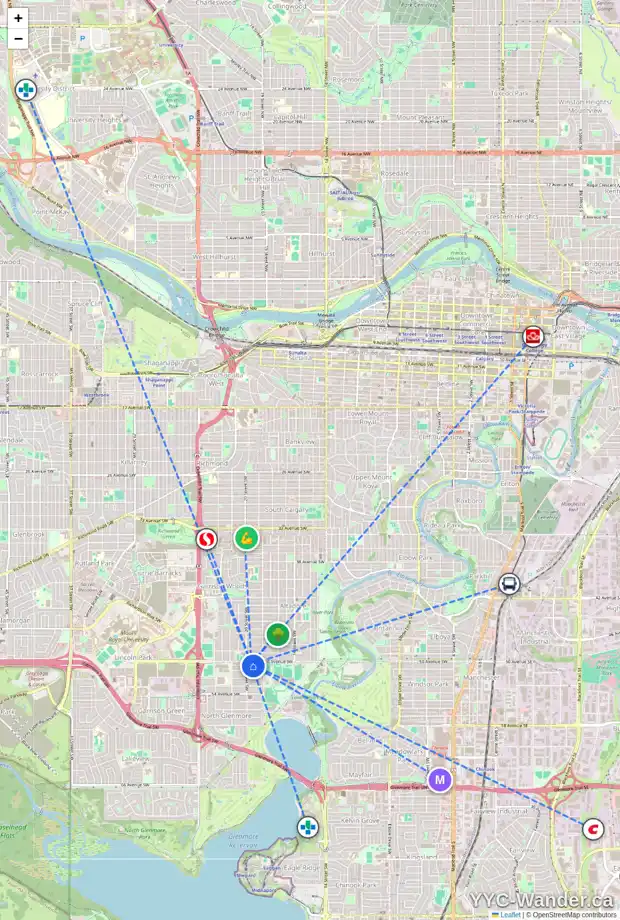 Daily accessibility map for 2033 50 AV SW, Calgary showing nearby schools, grocery stores, parks, LRT stations and nearby amenities