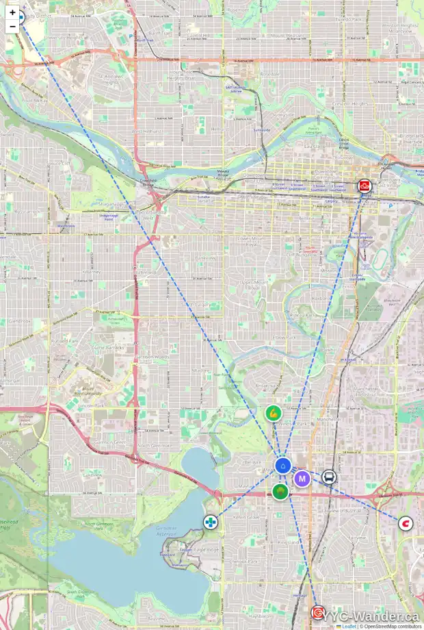 Daily accessibility map for 12 MOOR ST SW, Calgary showing nearby schools, grocery stores, parks, LRT stations and nearby amenities