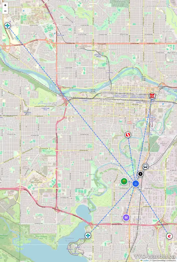Daily accessibility map for 4716 STANLEY RD SW, Calgary showing nearby schools, grocery stores, parks, LRT stations and nearby amenities