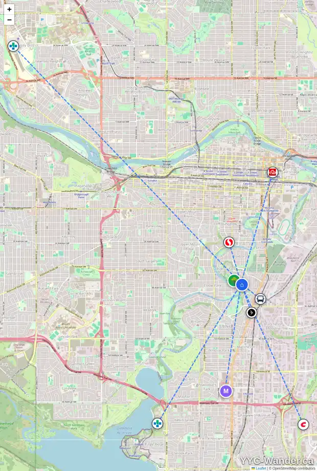 Daily accessibility map for 3824 2 ST SW, Calgary showing nearby schools, grocery stores, parks, LRT stations and nearby amenities