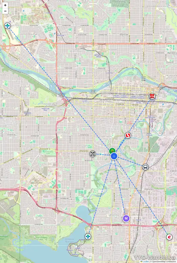 Daily accessibility map for 3630 7A ST SW, Calgary showing nearby schools, grocery stores, parks, LRT stations and nearby amenities