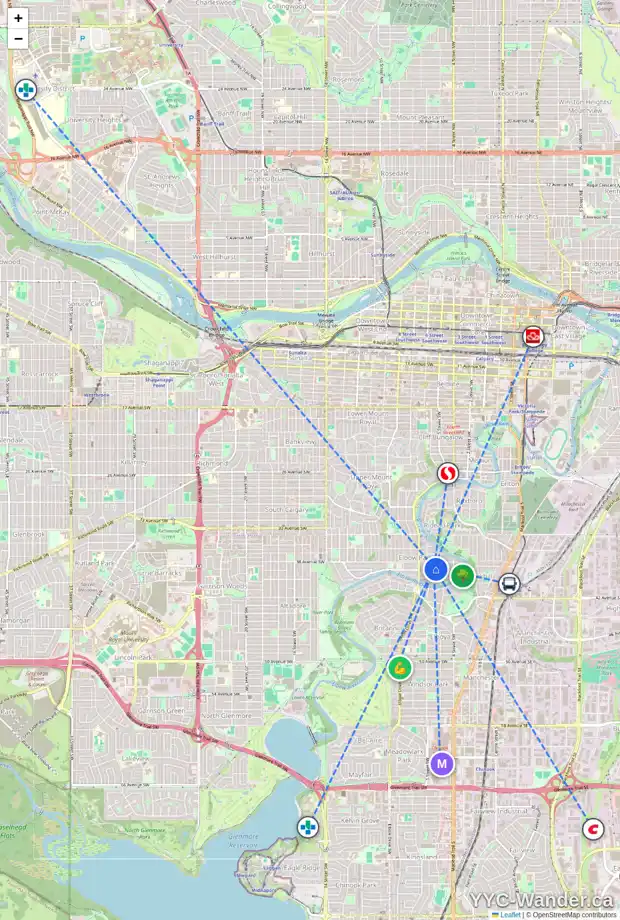 Daily accessibility map for 320 39 AV SW, Calgary showing nearby schools, grocery stores, parks, LRT stations and nearby amenities