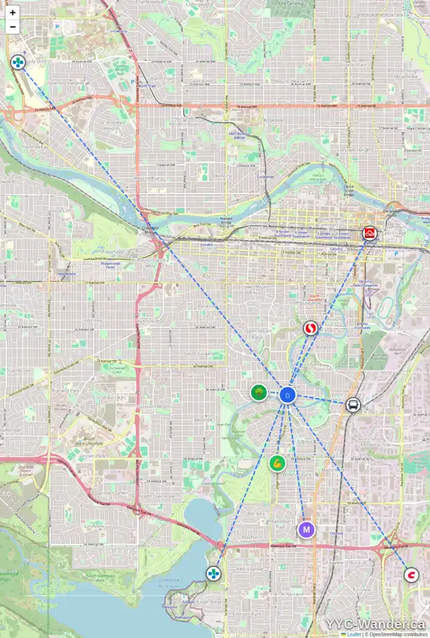 Daily accessibility map for 510 SIFTON BV SW, Calgary showing nearby schools, grocery stores, parks, LRT stations and nearby amenities