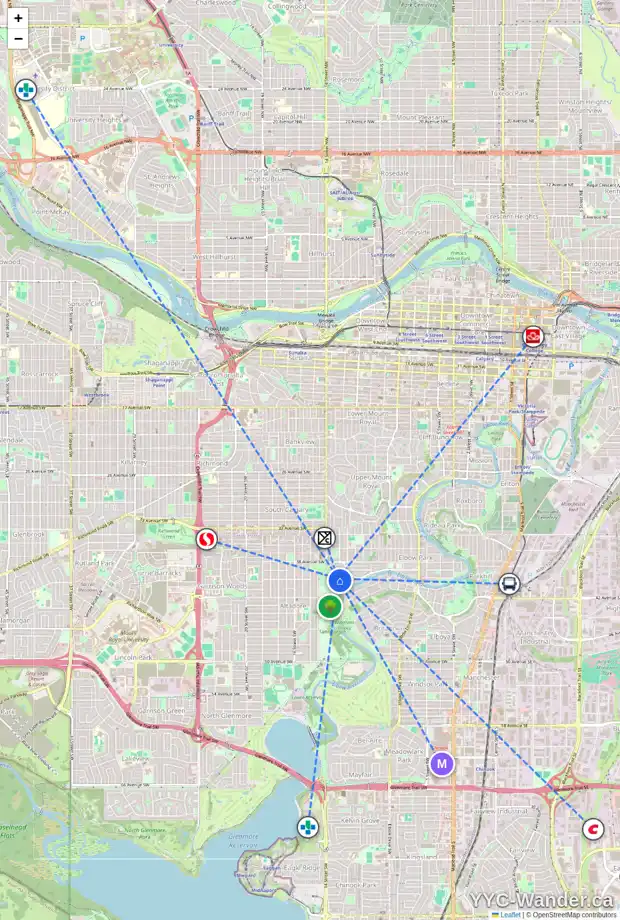 Daily accessibility map for 4023 CRESTVIEW RD SW, Calgary showing nearby schools, grocery stores, parks, LRT stations and nearby amenities