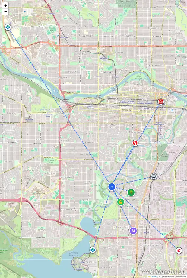 Daily accessibility map for 4503 CORONATION DR SW, Calgary showing nearby schools, grocery stores, parks, LRT stations and nearby amenities