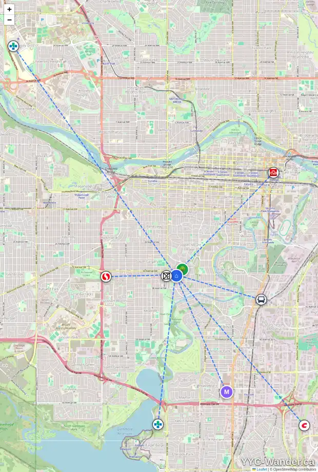 Daily accessibility map for 3604 13 ST SW, Calgary showing nearby schools, grocery stores, parks, LRT stations and nearby amenities