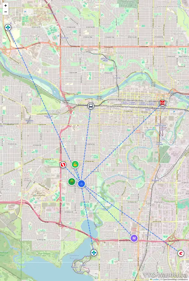 Daily accessibility map for 1941 42 AV SW, Calgary showing nearby schools, grocery stores, parks, LRT stations and nearby amenities