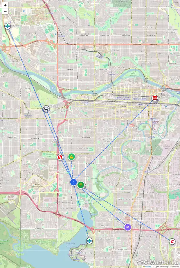 Daily accessibility map for 2035 45 AV SW, Calgary showing nearby schools, grocery stores, parks, LRT stations and nearby amenities