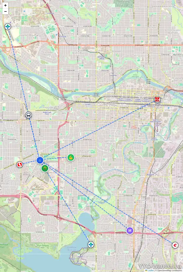 Daily accessibility map for 3515 SARCEE RD SW, Calgary showing nearby schools, grocery stores, parks, LRT stations and nearby amenities