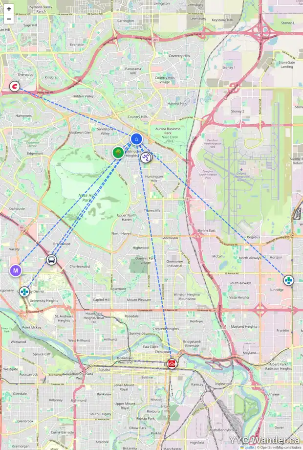 Daily accessibility map for 159 BERNARD DR NW, Calgary showing nearby schools, grocery stores, parks, LRT stations and nearby amenities