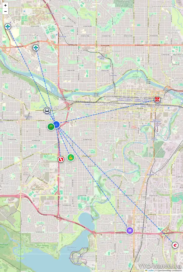 Daily accessibility map for F 1937 24A ST SW, Calgary showing nearby schools, grocery stores, parks, LRT stations and nearby amenities