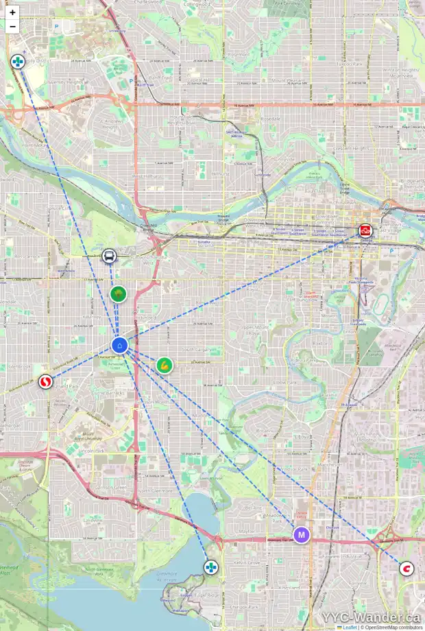 Daily accessibility map for 3039 25A ST SW, Calgary showing nearby schools, grocery stores, parks, LRT stations and nearby amenities