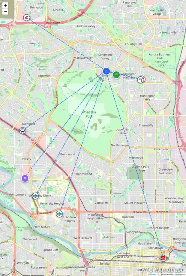 Daily accessibility map for 19 BEARBERRY CR NW, Calgary showing nearby schools, grocery stores, parks, LRT stations and nearby amenities