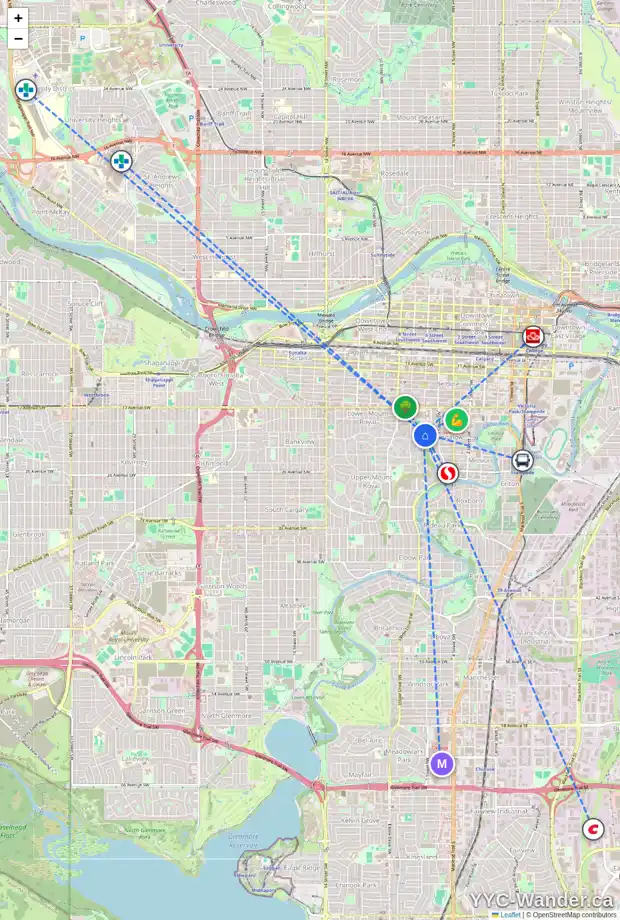 Daily accessibility map for 633 ROYAL AV SW, Calgary showing nearby schools, grocery stores, parks, LRT stations and nearby amenities