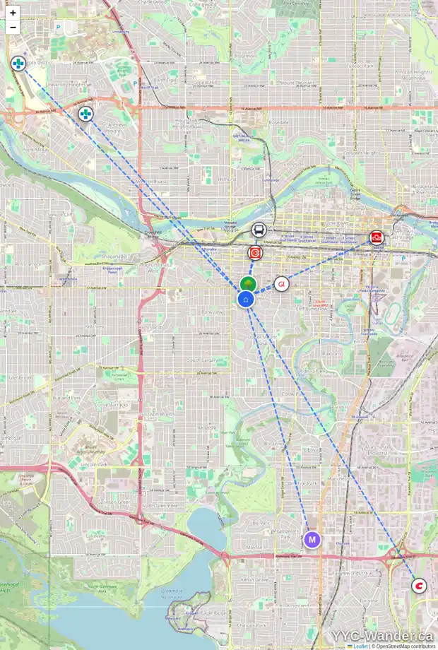 Daily accessibility map for 101 1235 CAMERON AV SW, Calgary showing nearby schools, grocery stores, parks, LRT stations and nearby amenities