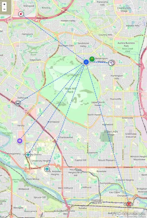 Daily accessibility map for 36 BEACHAM RD NW, Calgary showing nearby schools, grocery stores, parks, LRT stations and nearby amenities