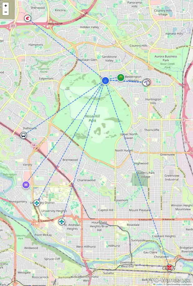 Daily accessibility map for 44 BEACONSFIELD CR NW, Calgary showing nearby schools, grocery stores, parks, LRT stations and nearby amenities