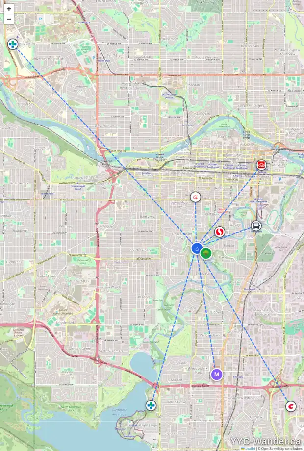 Daily accessibility map for 3046 7 ST SW, Calgary showing nearby schools, grocery stores, parks, LRT stations and nearby amenities