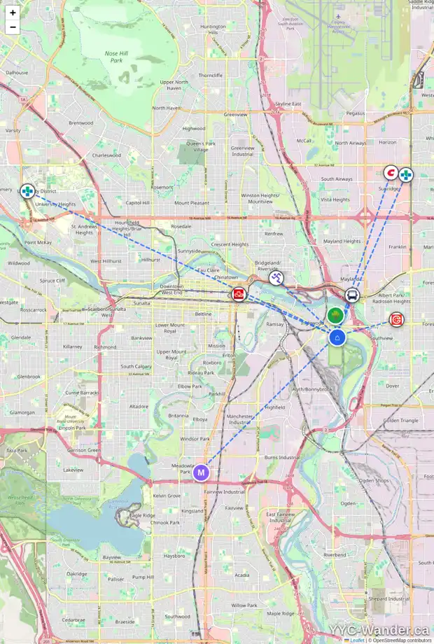 Daily accessibility map for 2106 8 AV SE, Calgary showing nearby schools, grocery stores, parks, LRT stations and nearby amenities