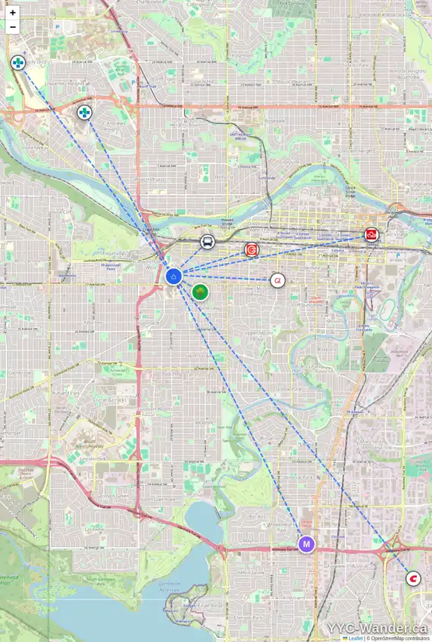 Daily accessibility map for 501 SUNDERLAND AV SW, Calgary showing nearby schools, grocery stores, parks, LRT stations and nearby amenities