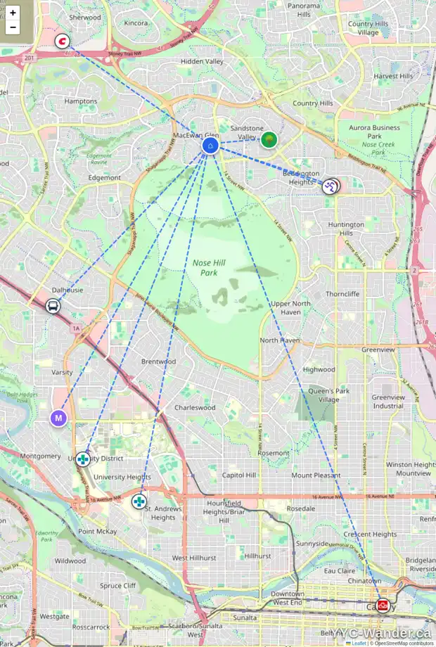 Daily accessibility map for 83 MACEWAN PARK WY NW, Calgary showing nearby schools, grocery stores, parks, LRT stations and nearby amenities