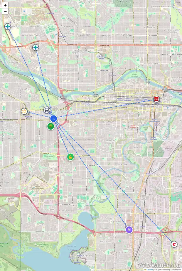 Daily accessibility map for 1727 25 ST SW, Calgary showing nearby schools, grocery stores, parks, LRT stations and nearby amenities