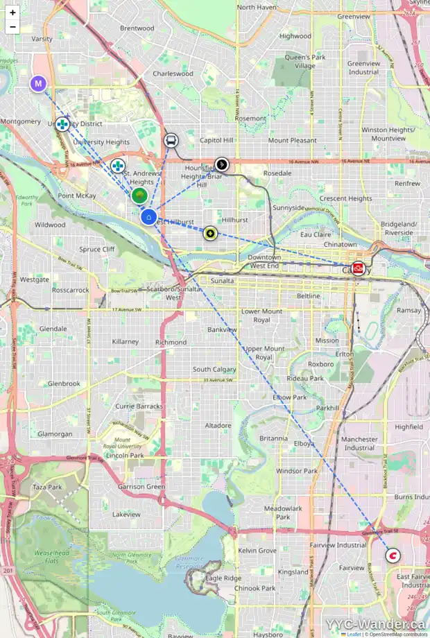 Daily accessibility map for 404 26 ST NW, Calgary showing nearby schools, grocery stores, parks, LRT stations and nearby amenities