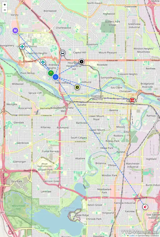 Daily accessibility map for 2625 7 AV NW, Calgary showing nearby schools, grocery stores, parks, LRT stations and nearby amenities