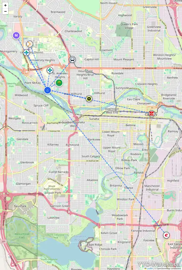 Daily accessibility map for 3304 3 AV NW, Calgary showing nearby schools, grocery stores, parks, LRT stations and nearby amenities