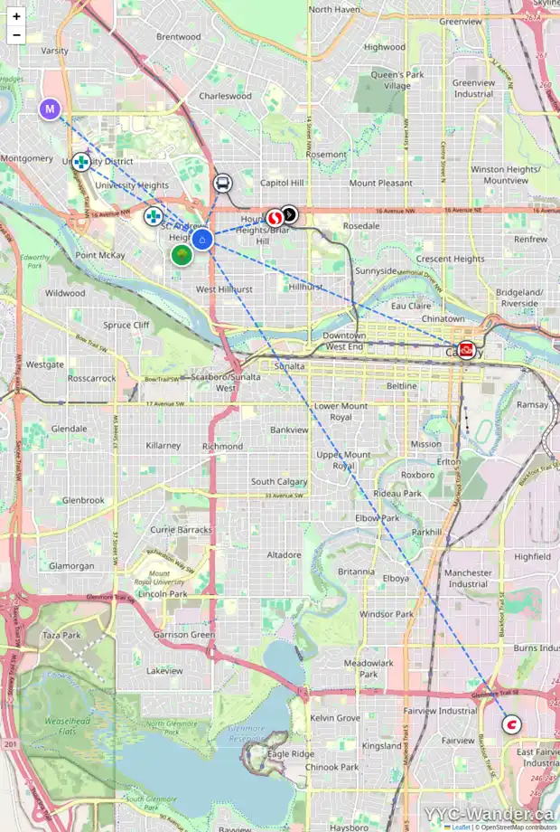 Daily accessibility map for 1323 HAMILTON ST NW, Calgary showing nearby schools, grocery stores, parks, LRT stations and nearby amenities