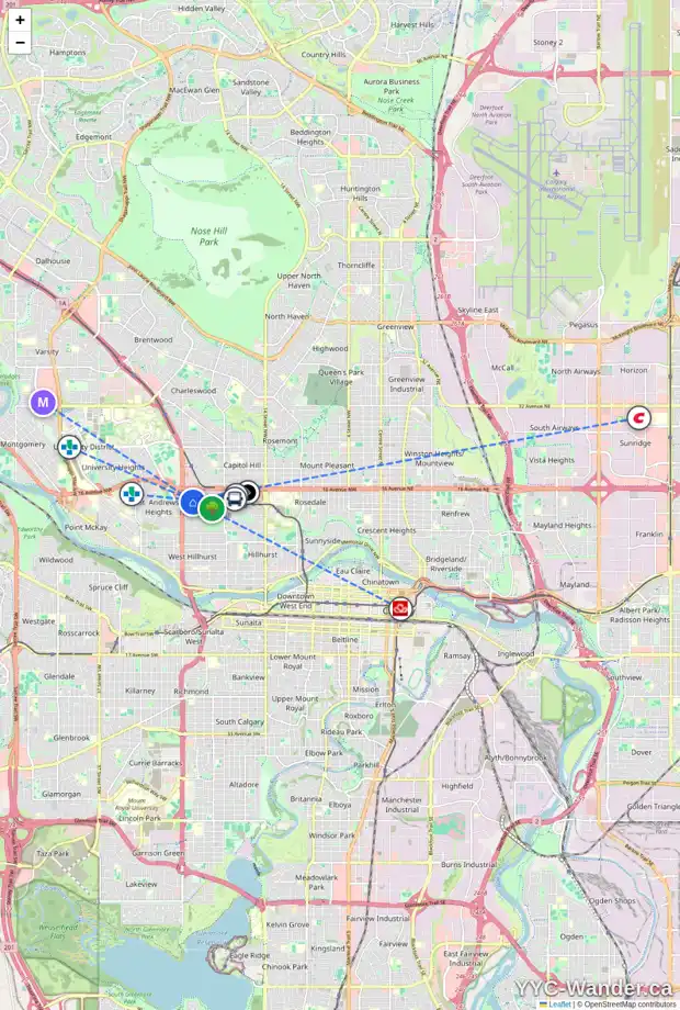 Daily accessibility map for 1427 22A ST NW, Calgary showing nearby schools, grocery stores, parks, LRT stations and nearby amenities