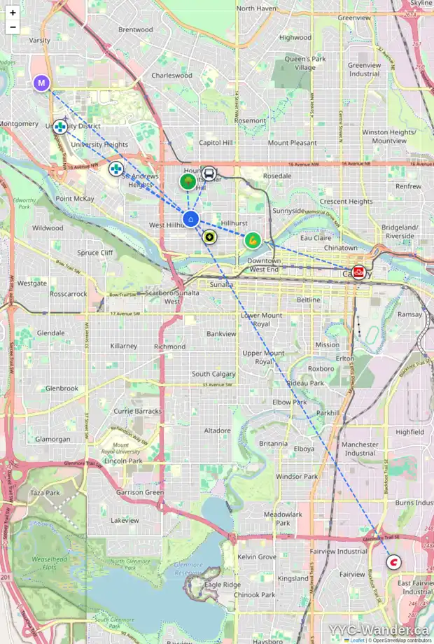Daily accessibility map for 2126 4 AV NW, Calgary showing nearby schools, grocery stores, parks, LRT stations and nearby amenities