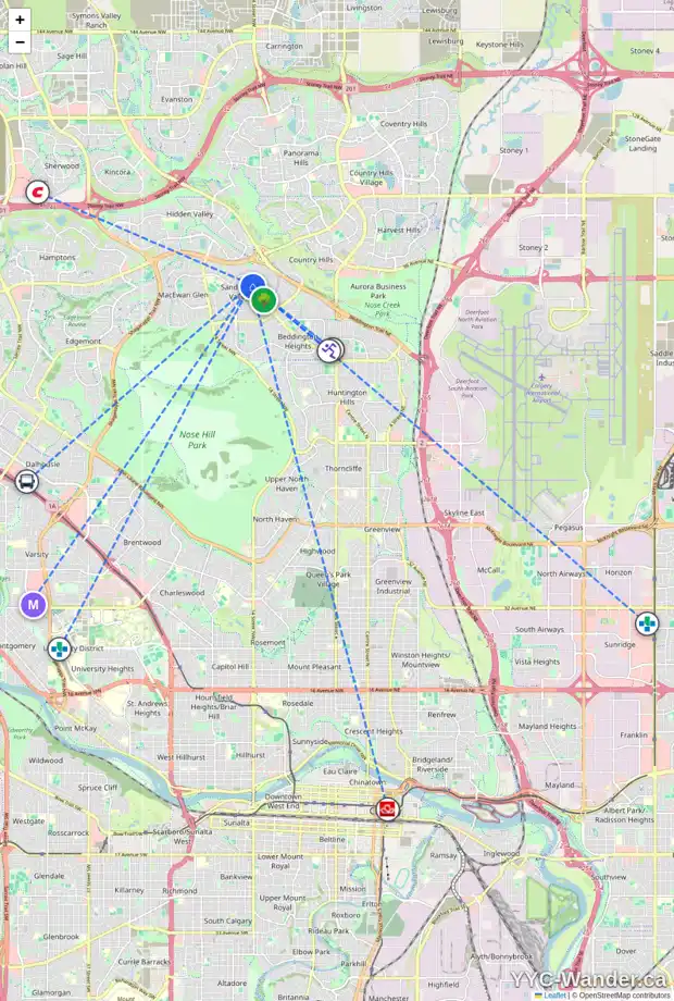 Daily accessibility map for 1210 SANDPIPER RD NW, Calgary showing nearby schools, grocery stores, parks, LRT stations and nearby amenities
