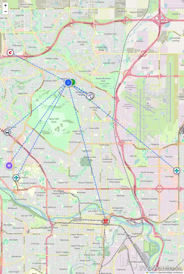 Daily accessibility map for 256 SANDPIPER CI NW, Calgary showing nearby schools, grocery stores, parks, LRT stations and nearby amenities