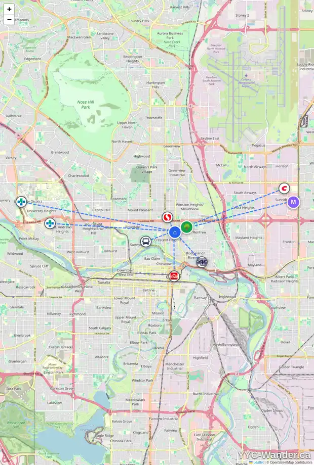 Daily accessibility map for 1 305 12 AV NE, Calgary showing nearby schools, grocery stores, parks, LRT stations and nearby amenities