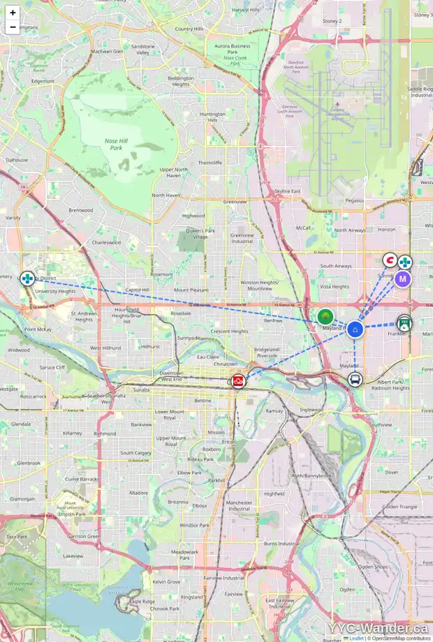Daily accessibility map for 2316 8 AV NE, Calgary showing nearby schools, grocery stores, parks, LRT stations and nearby amenities