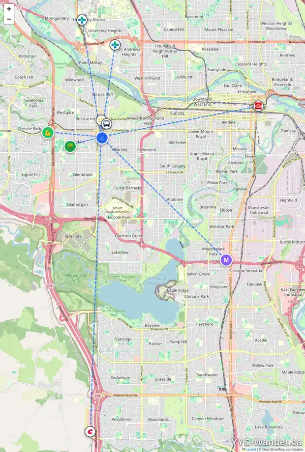 Daily accessibility map for 2016 36 ST SW, Calgary showing nearby schools, grocery stores, parks, LRT stations and nearby amenities