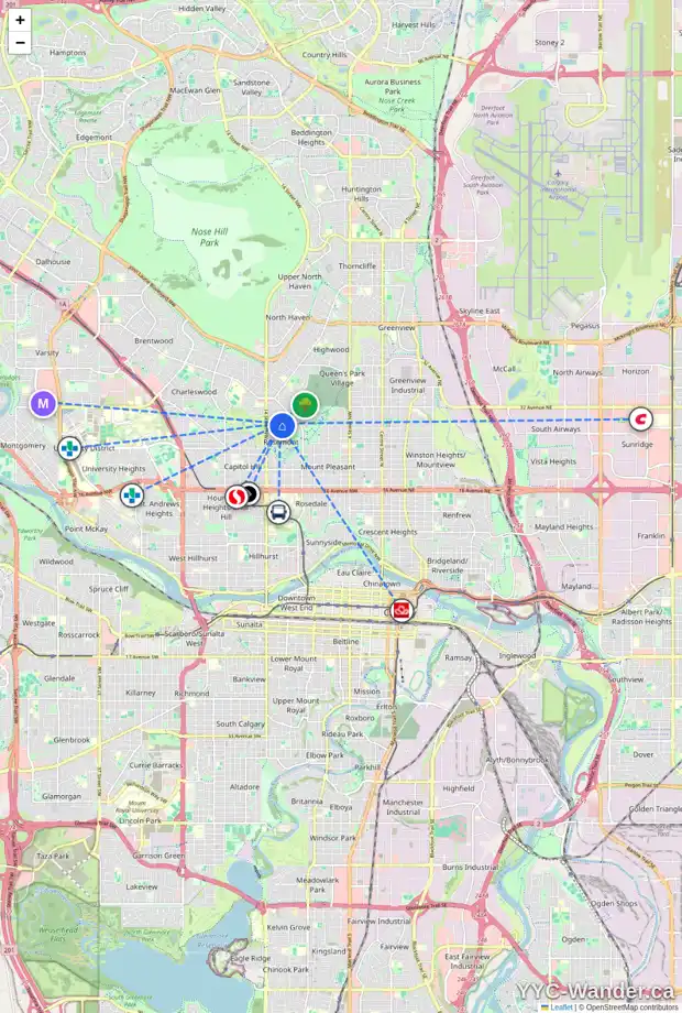 Daily accessibility map for 67 ROSEWOOD RD NW, Calgary showing nearby schools, grocery stores, parks, LRT stations and nearby amenities
