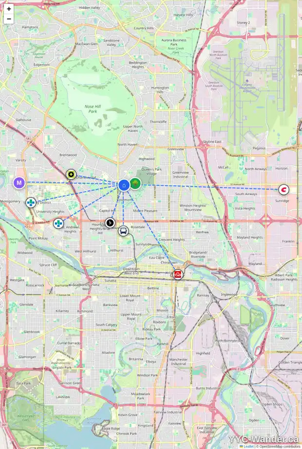 Daily accessibility map for 88 CHELSEA ST NW, Calgary showing nearby schools, grocery stores, parks, LRT stations and nearby amenities