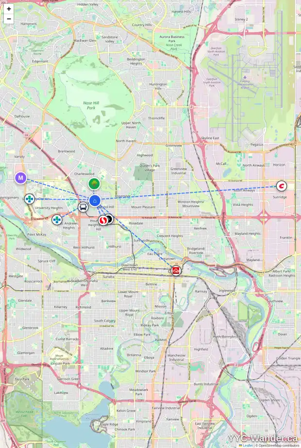 Daily accessibility map for 2111 24 AV NW, Calgary showing nearby schools, grocery stores, parks, LRT stations and nearby amenities
