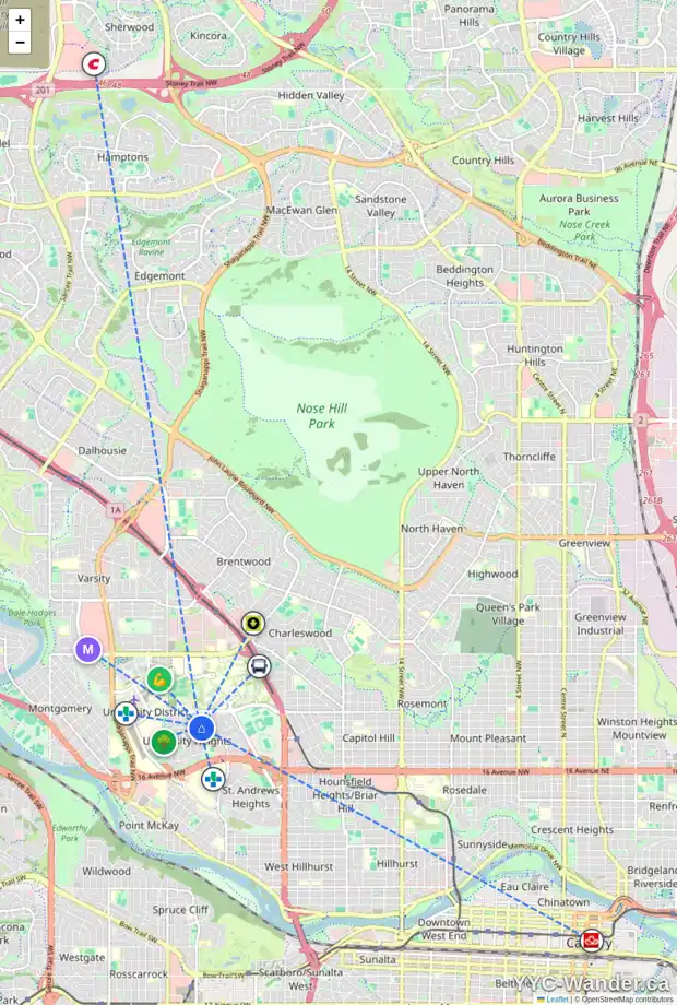 Daily accessibility map for 3312 UNDERHILL DR NW, Calgary showing nearby schools, grocery stores, parks, LRT stations and nearby amenities