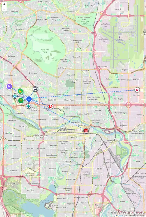 Daily accessibility map for 3107 UNDERHILL DR NW, Calgary showing nearby schools, grocery stores, parks, LRT stations and nearby amenities