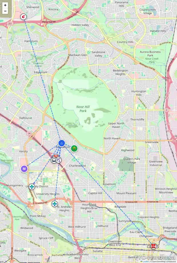 Daily accessibility map for 4807 BRISEBOIS DR NW, Calgary showing nearby schools, grocery stores, parks, LRT stations and nearby amenities