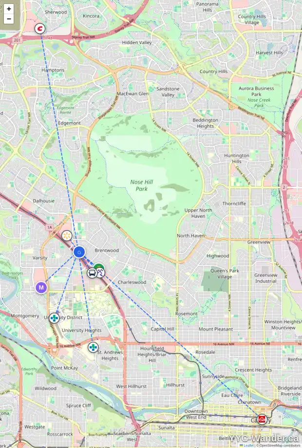 Daily accessibility map for 4420 BRENTWOOD GR NW, Calgary showing nearby schools, grocery stores, parks, LRT stations and nearby amenities
