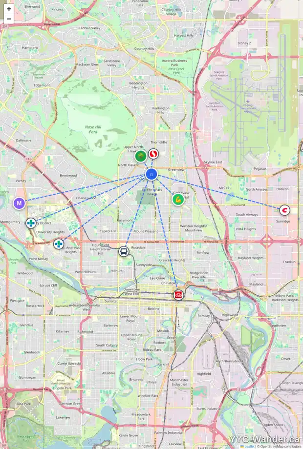 Daily accessibility map for 115 HARTFORD RD NW, Calgary showing nearby schools, grocery stores, parks, LRT stations and nearby amenities