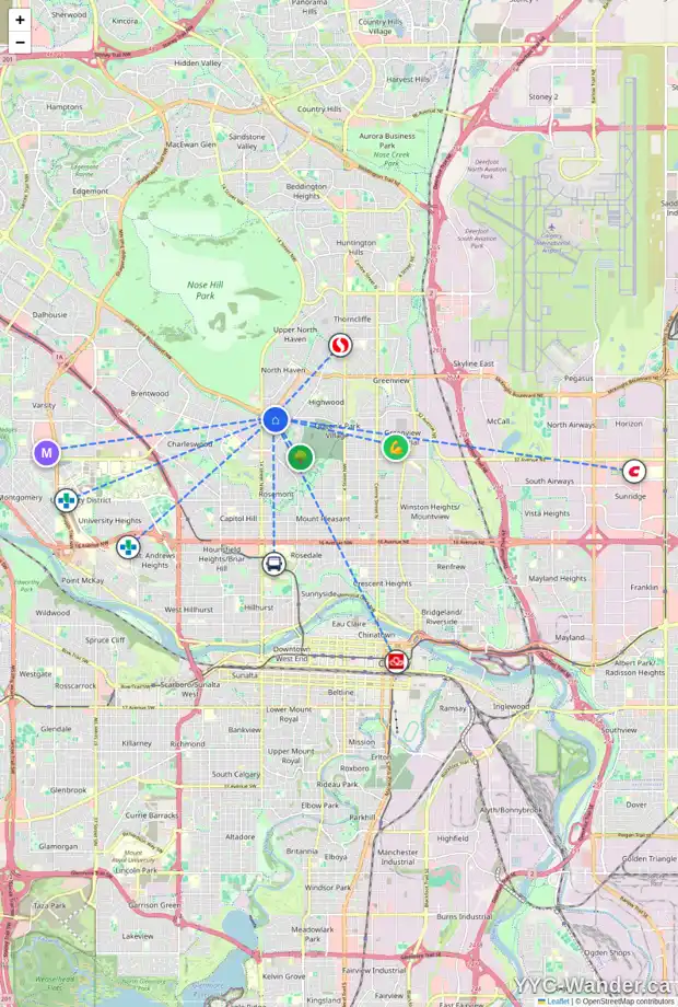 Daily accessibility map for 63 COLERIDGE CR NW, Calgary showing nearby schools, grocery stores, parks, LRT stations and nearby amenities