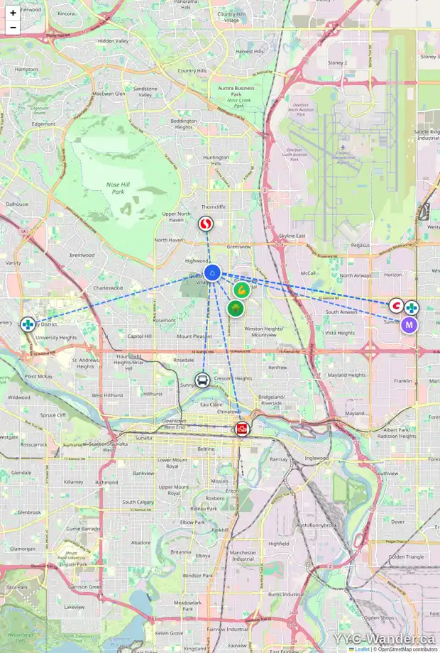 Daily accessibility map for 360 40 AV NW, Calgary showing nearby schools, grocery stores, parks, LRT stations and nearby amenities