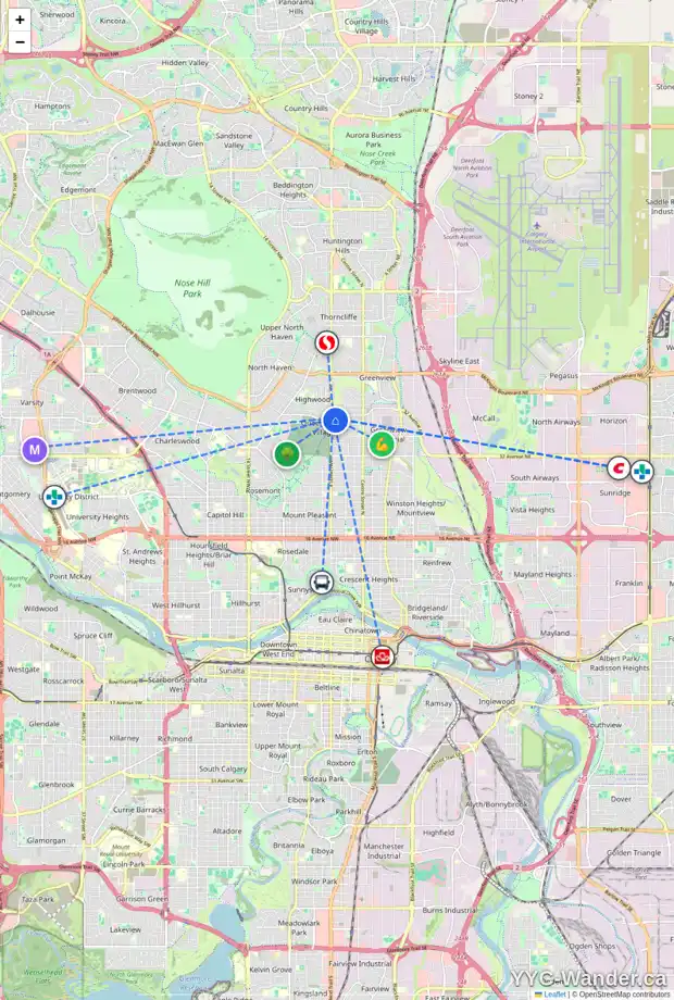 Daily accessibility map for 400 40 AV NW, Calgary showing nearby schools, grocery stores, parks, LRT stations and nearby amenities