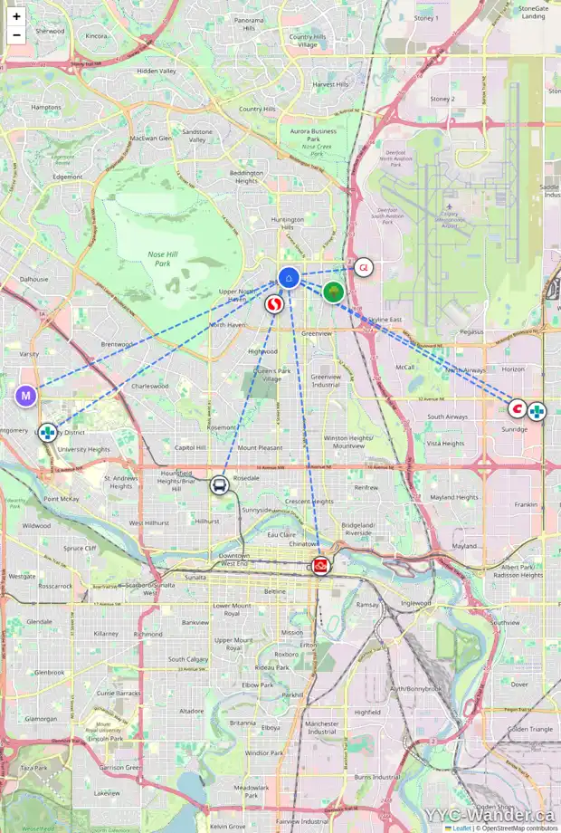 Daily accessibility map for 320 BLACKTHORN RD NW, Calgary showing nearby schools, grocery stores, parks, LRT stations and nearby amenities