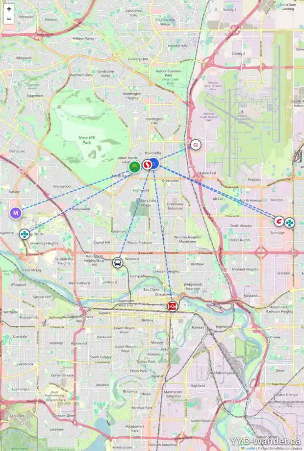 Daily accessibility map for 105 NORTHMOUNT DR NW, Calgary showing nearby schools, grocery stores, parks, LRT stations and nearby amenities